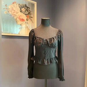 Square Neck Long Sleeve Ruffle Hem off shoulder Solid Black Crop Top size M